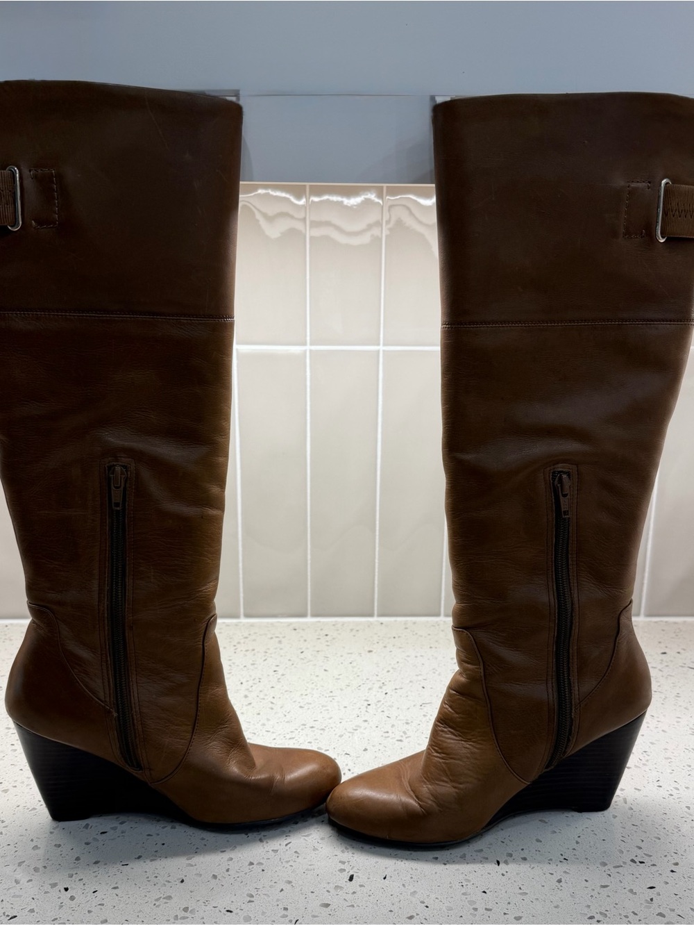 Nine West Olishao Women's Tall Brown Wedge Boots with Side Zip SZ 7